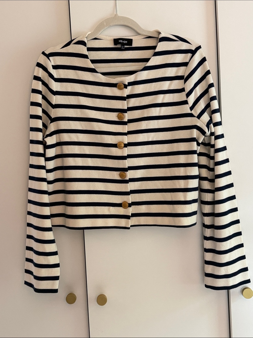 ME + EM Striped Button-Front Long Sleeve Top in Cream & Navy